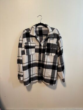 SHEIN Black & White Plaid Button-Up Shirt Jacket